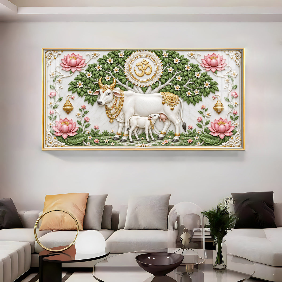 Sacred Kamdhenu Cow Calf Premium Acrylic Horizontal Wall Art