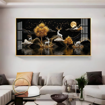 Moonlit Golden Deer Night Theam Premium Acrylic Horizontal Wall Art