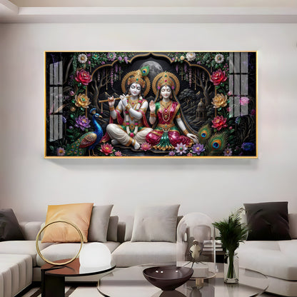 Radha Krishna Ji With Peacock Premium Acrylic Horizontal Wall Art