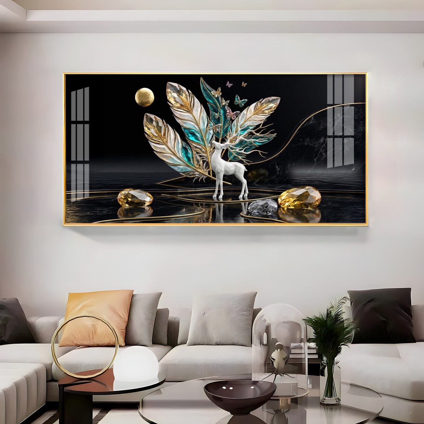 White Deer With Feathers Premium Acrylic Horizontal Wall Art