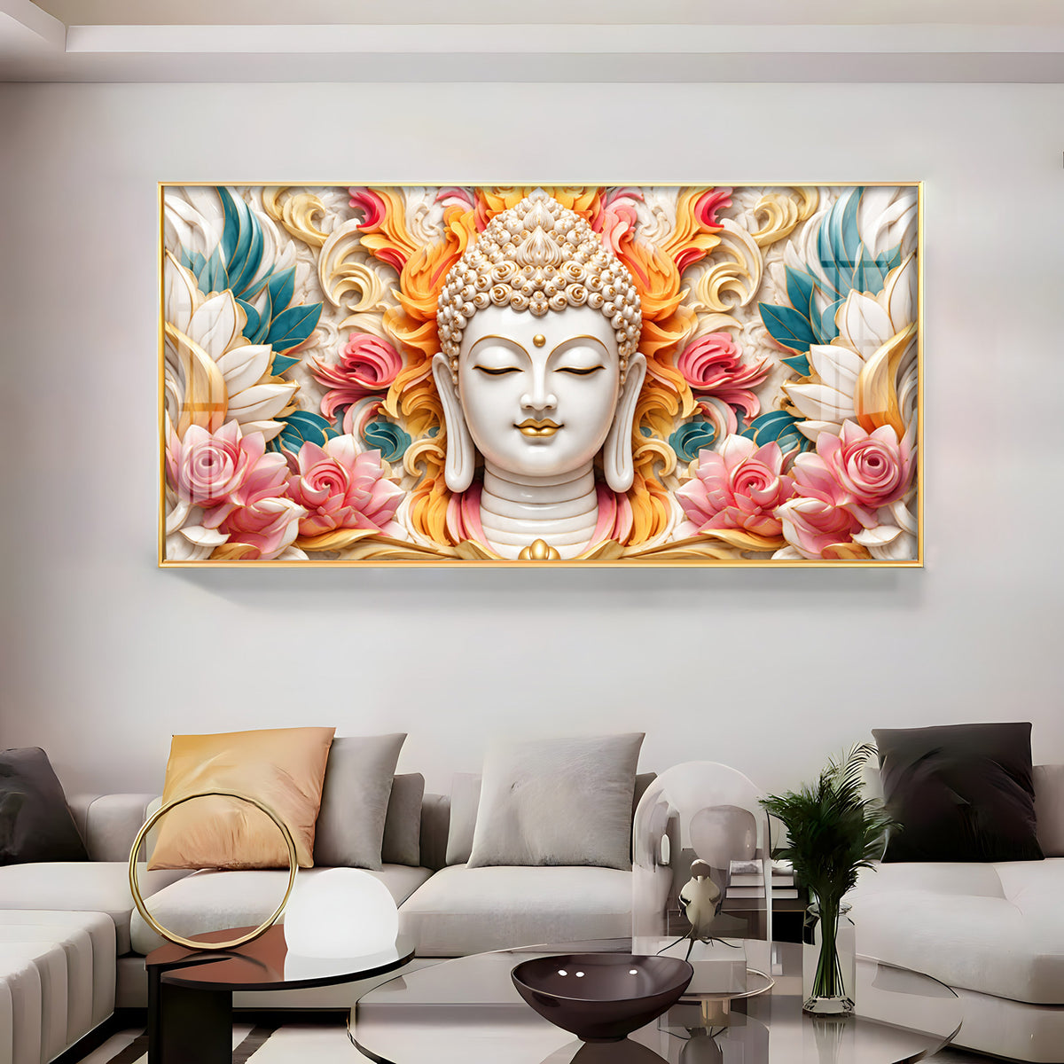 Meditating Buddha In Floral Premium Acrylic Horizontal Wall Art