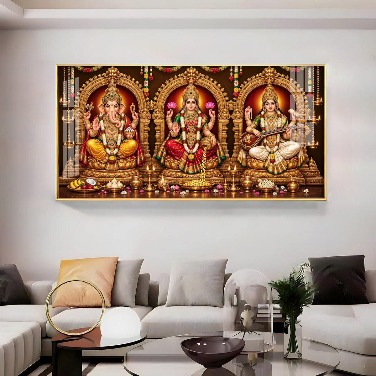 Goddess Laxmi, God Ganesh & Maa Saraswati Premium Acrylic Horizontal Wall Art