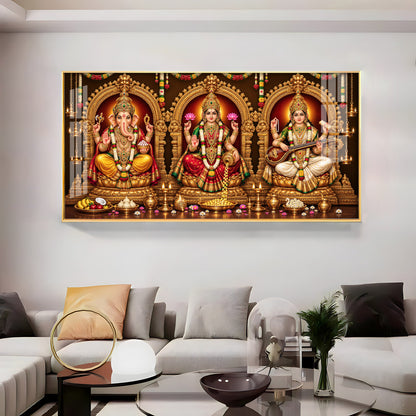 Goddess Laxmi, God Ganesh & Maa Saraswati Premium Acrylic Horizontal Wall Art