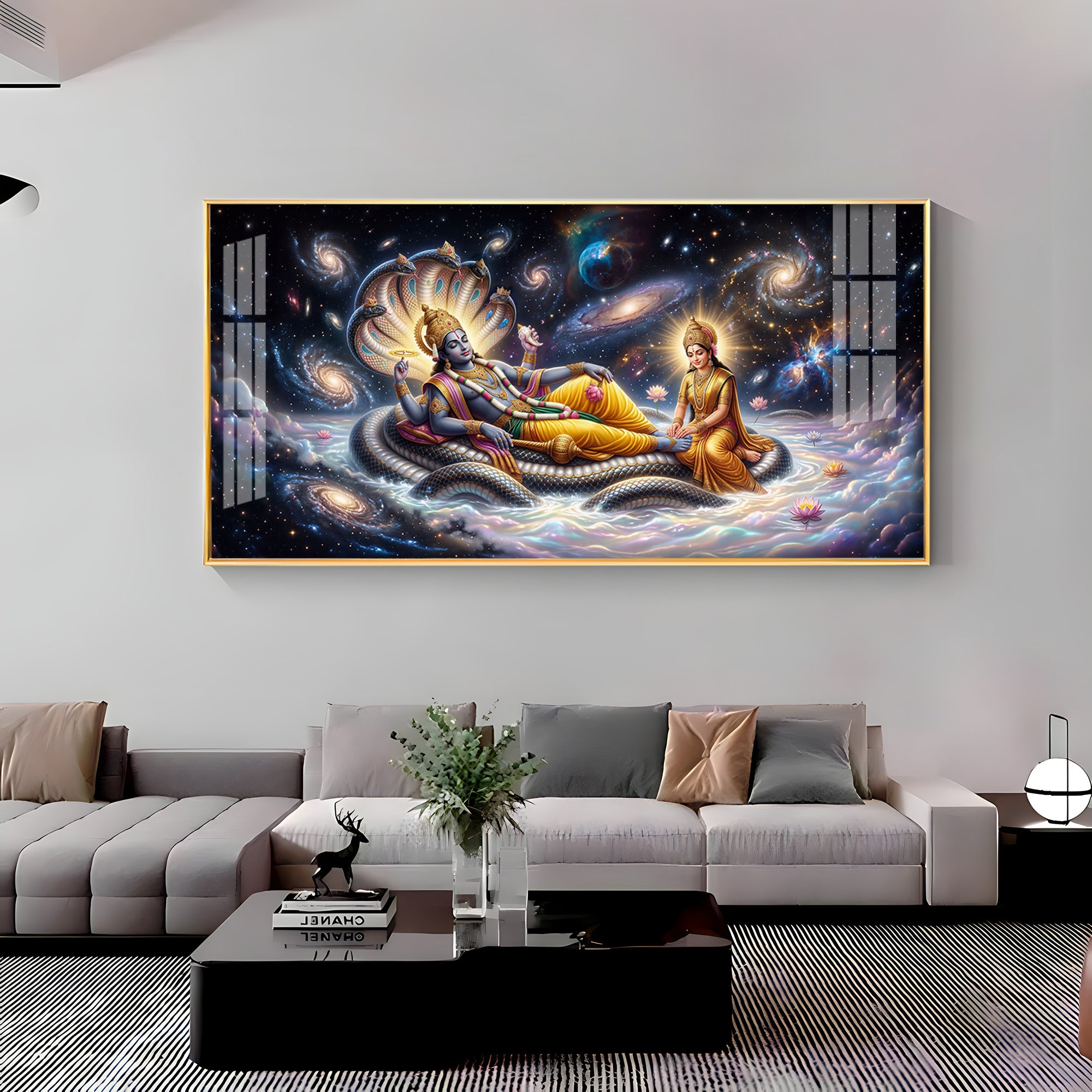 Lord Vishnu , Goddess Lakshmi With Serpent Shesha Premium Acrylic Horizontal Wall Art