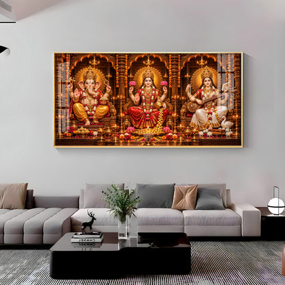 Shri Ganesha, Goddess Lakshmi, and Goddess Saraswati Premium Acrylic Horizontal Wall Art