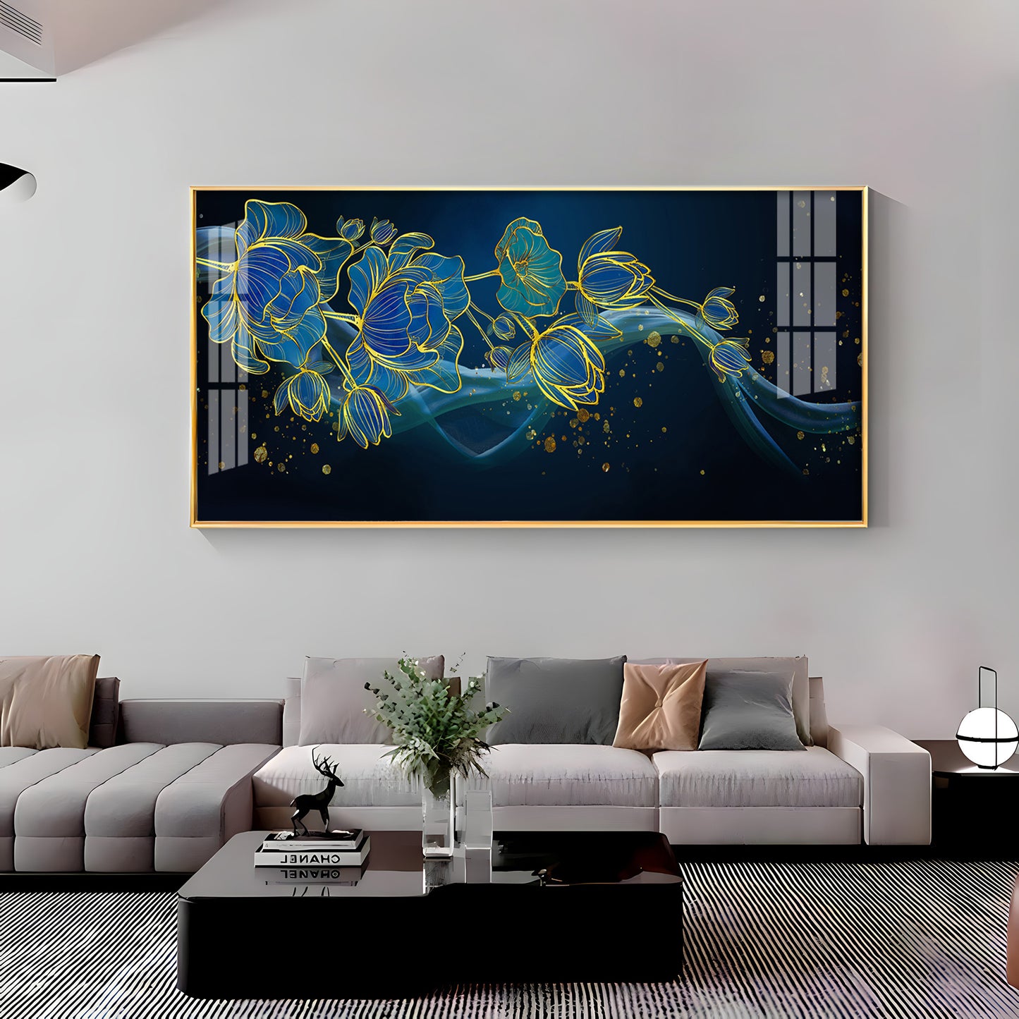 Lotus Flowers In Blue Tones Premium Acrylic Horizontal Wall Art