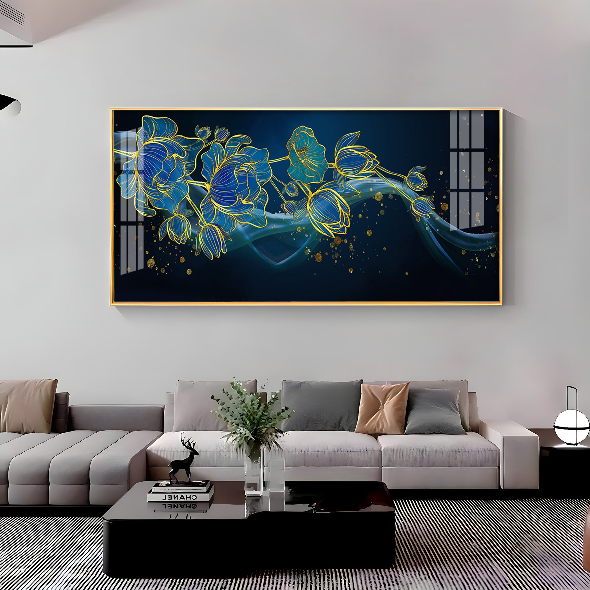 Lotus Flowers In Blue Tones Premium Acrylic Horizontal Wall Art