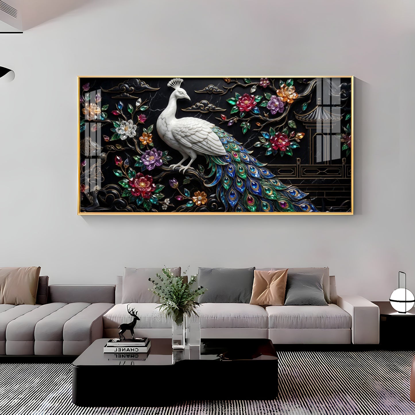 White Peacock With Colorful Background Premium Acrylic Horizontal Wall Art