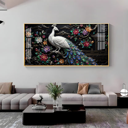 White Peacock With Colorful Background Premium Acrylic Horizontal Wall Art