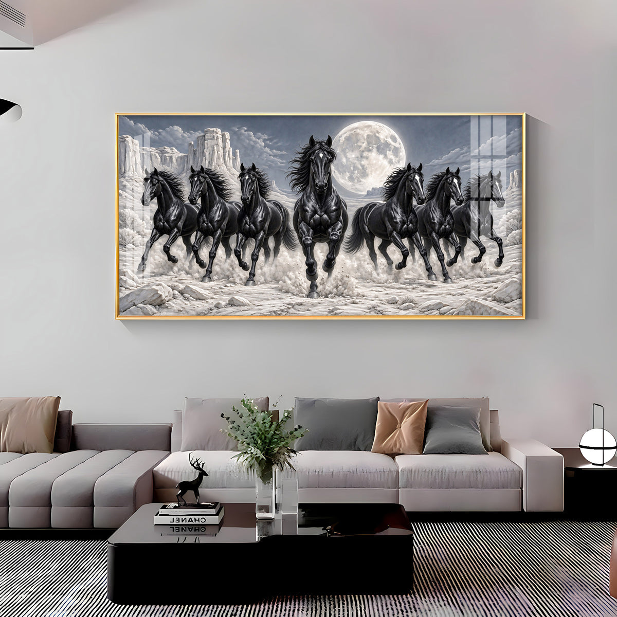 Seven Running Black Horses Premium Acrylic Horizontal Wall Art