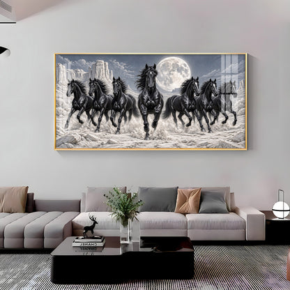 Seven Running Black Horses Premium Acrylic Horizontal Wall Art