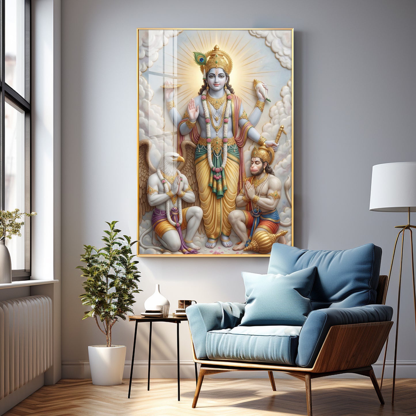 Lord Vishnu With Garuda And Hanuman Ji Premium Acrylic Vertical Wall Art