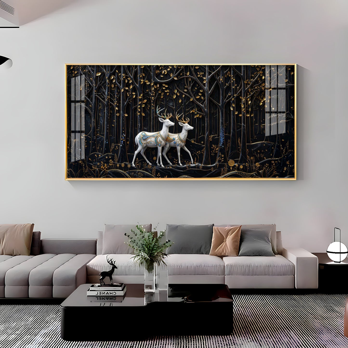 Two White Deer In A Black Forest Premium Acrylic Horizontal Wall Art