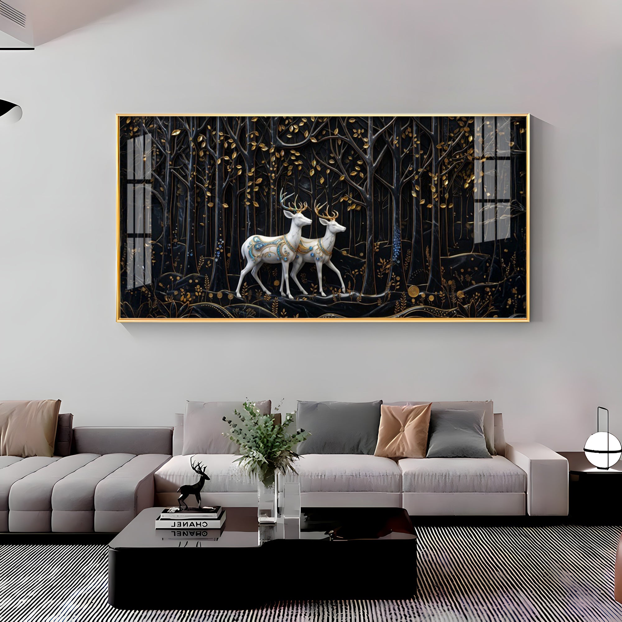Two White Deer In A Black Forest Premium Acrylic Horizontal Wall Art