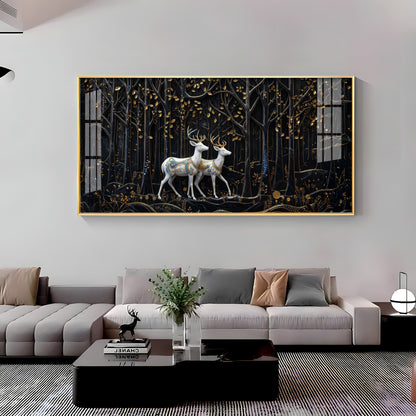 Two White Deer In A Black Forest Premium Acrylic Horizontal Wall Art