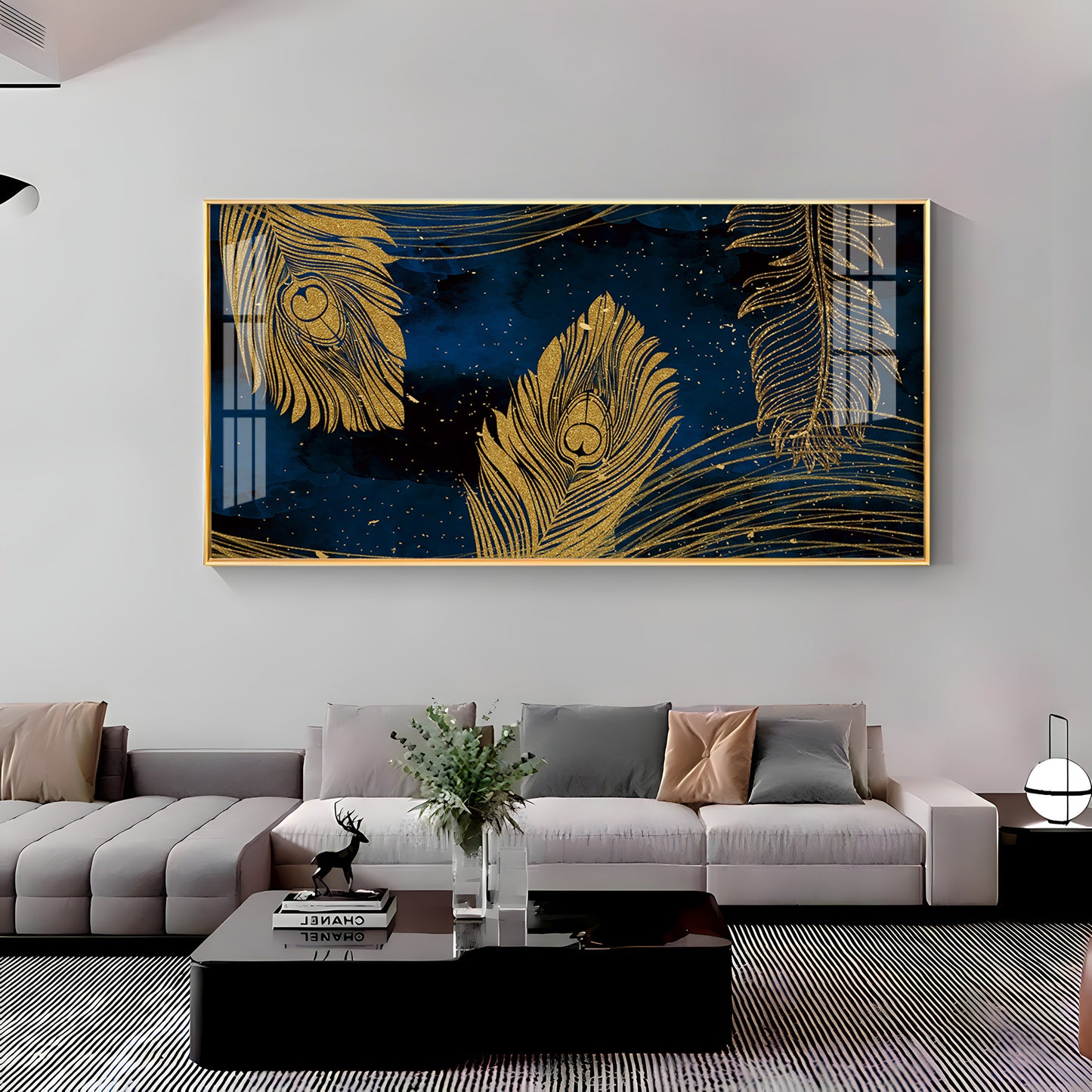 Gold Metallic Peacock Feathers Premium Acrylic Horizontal Wall Art