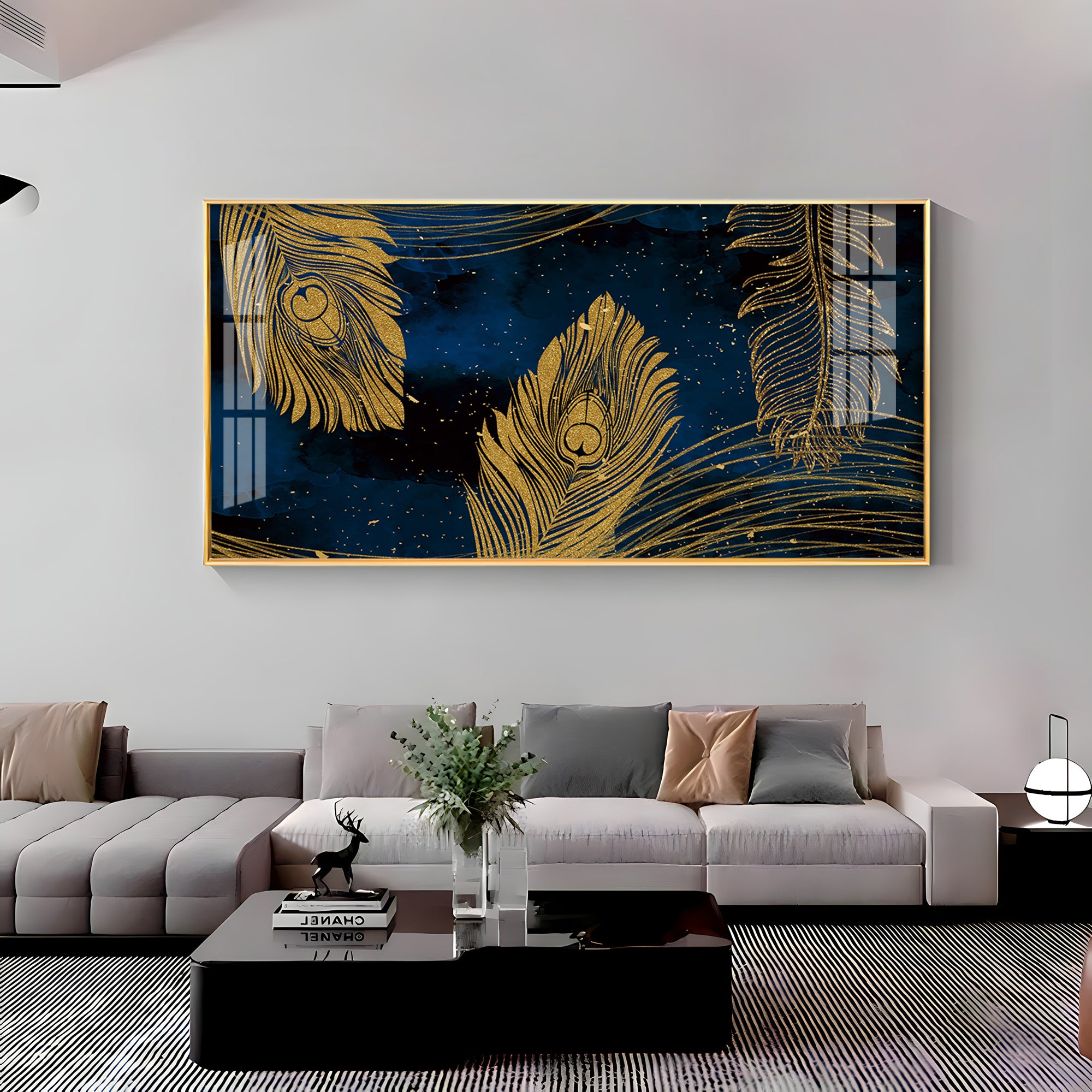 Gold Metallic Peacock Feathers Premium Acrylic Horizontal Wall Art