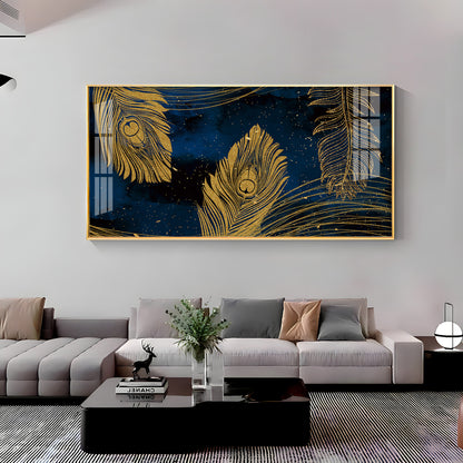 Gold Metallic Peacock Feathers Premium Acrylic Horizontal Wall Art