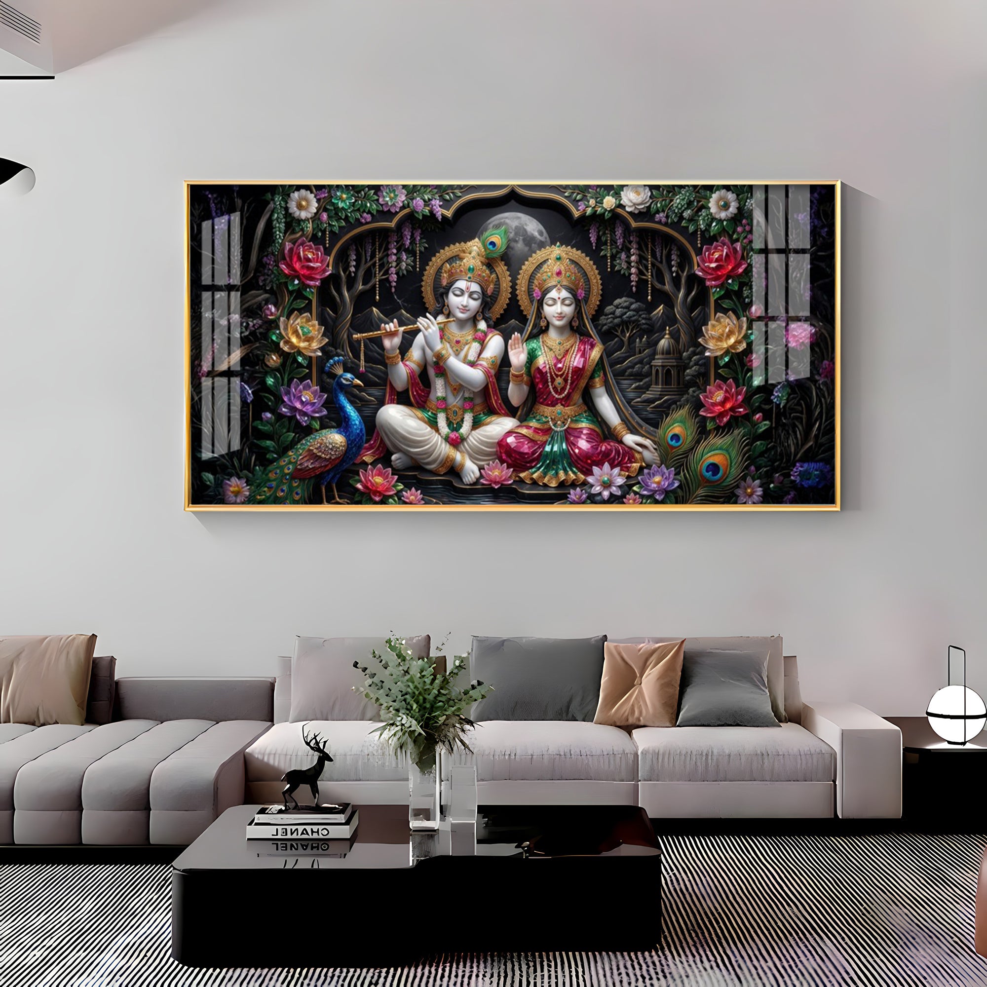Radha Krishna Ji With Peacock Premium Acrylic Horizontal Wall Art