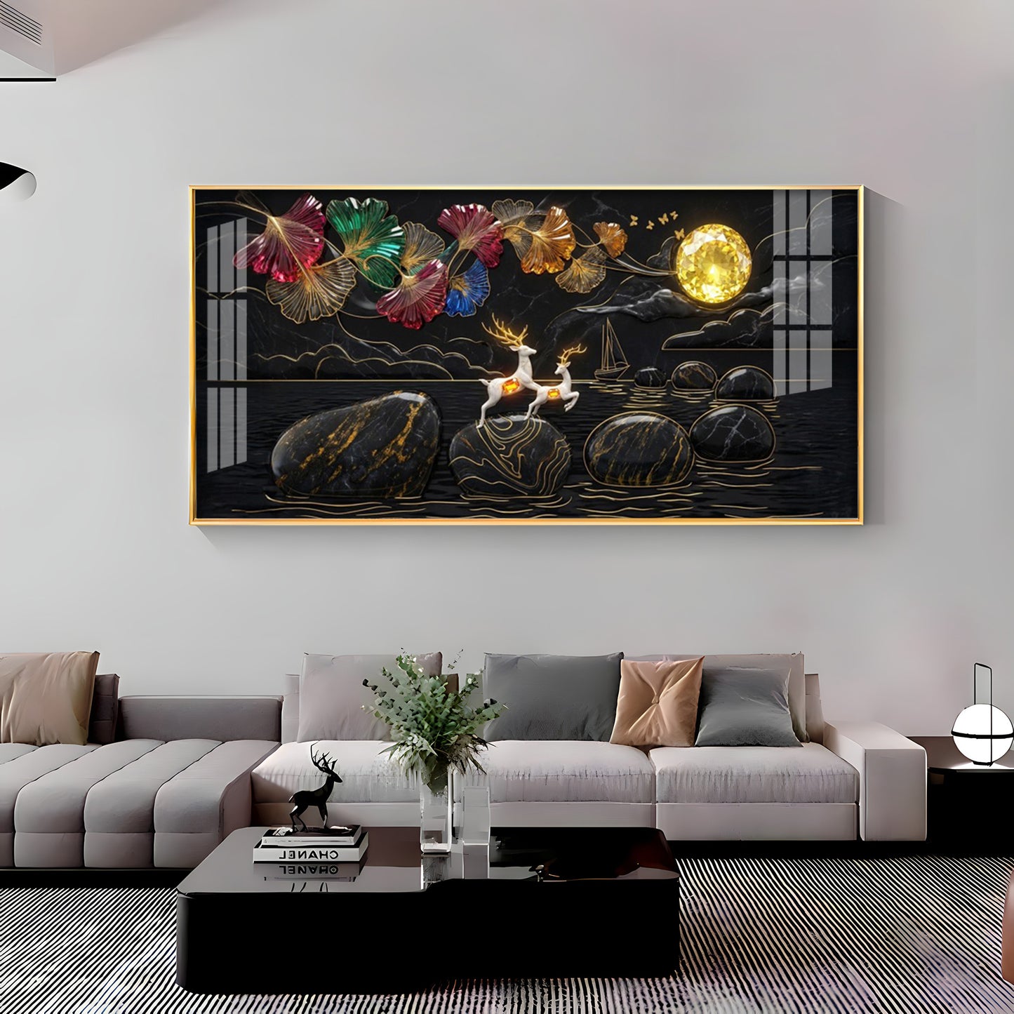 Luxurious Gold Moon and Deerstone Dreams Premium Acrylic Horizontal Wall Art