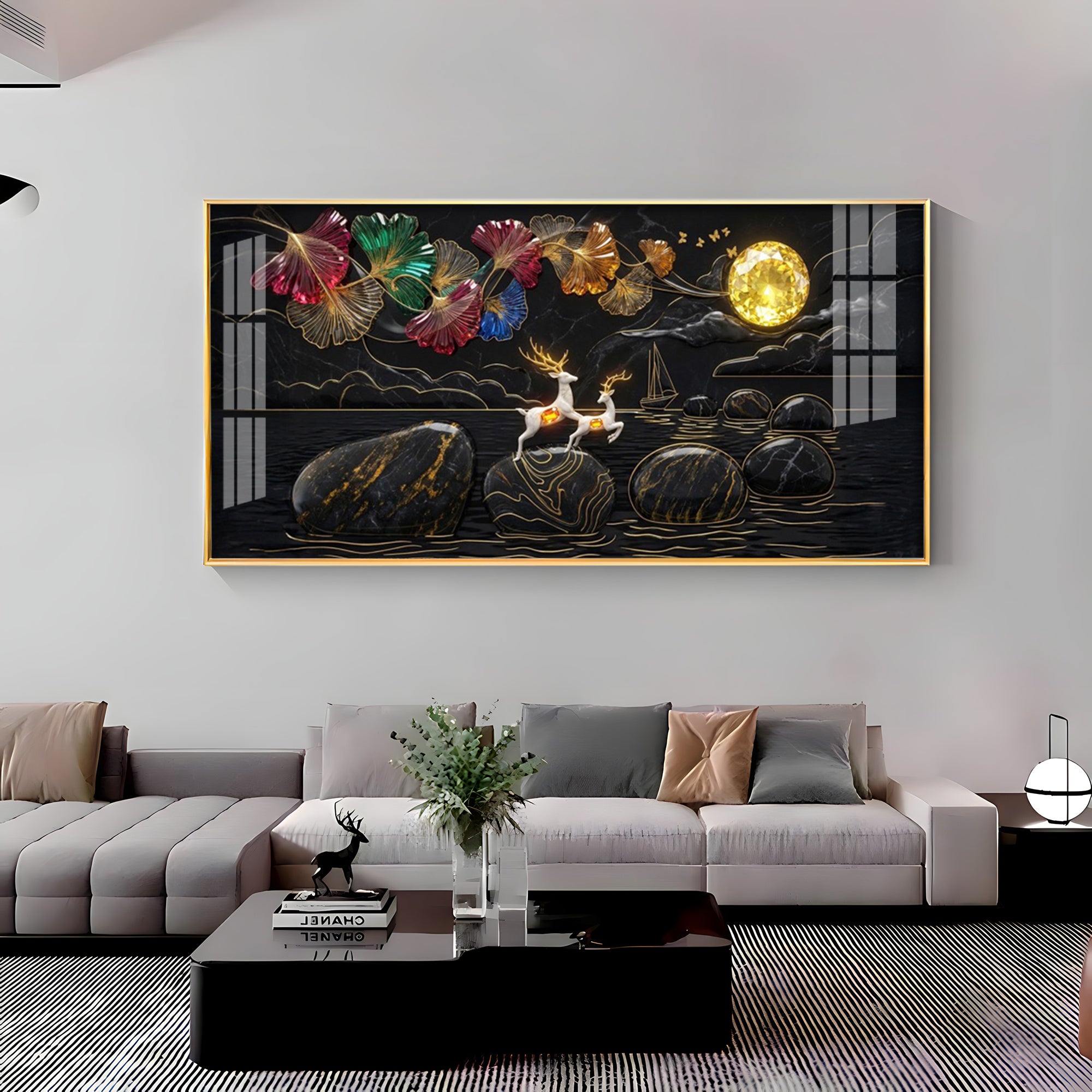 Luxurious Gold Moon and Deerstone Dreams Premium Acrylic Horizontal Wall Art