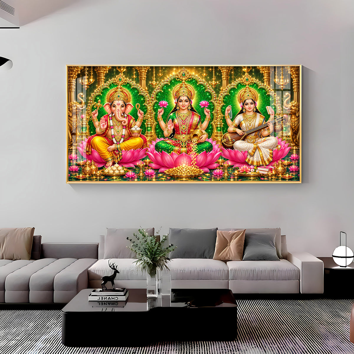 Maa Lakshmi, Ganesha Ji & Saraswati Premium Acrylic Horizontal Wall Art