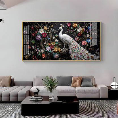 Peacock Embellishments & Black Background Premium Acrylic Horizontal Wall Art