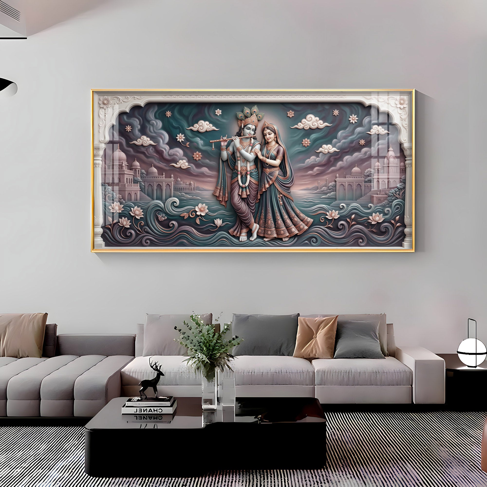 Radha Krishna In Lotus Filled Premium Acrylic Horizontal Wall Art