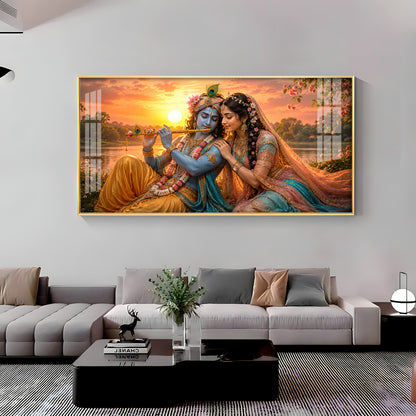 Radha & Krishna Sitting Tranquil Lakeside Premium Acrylic Horizontal Wall Art