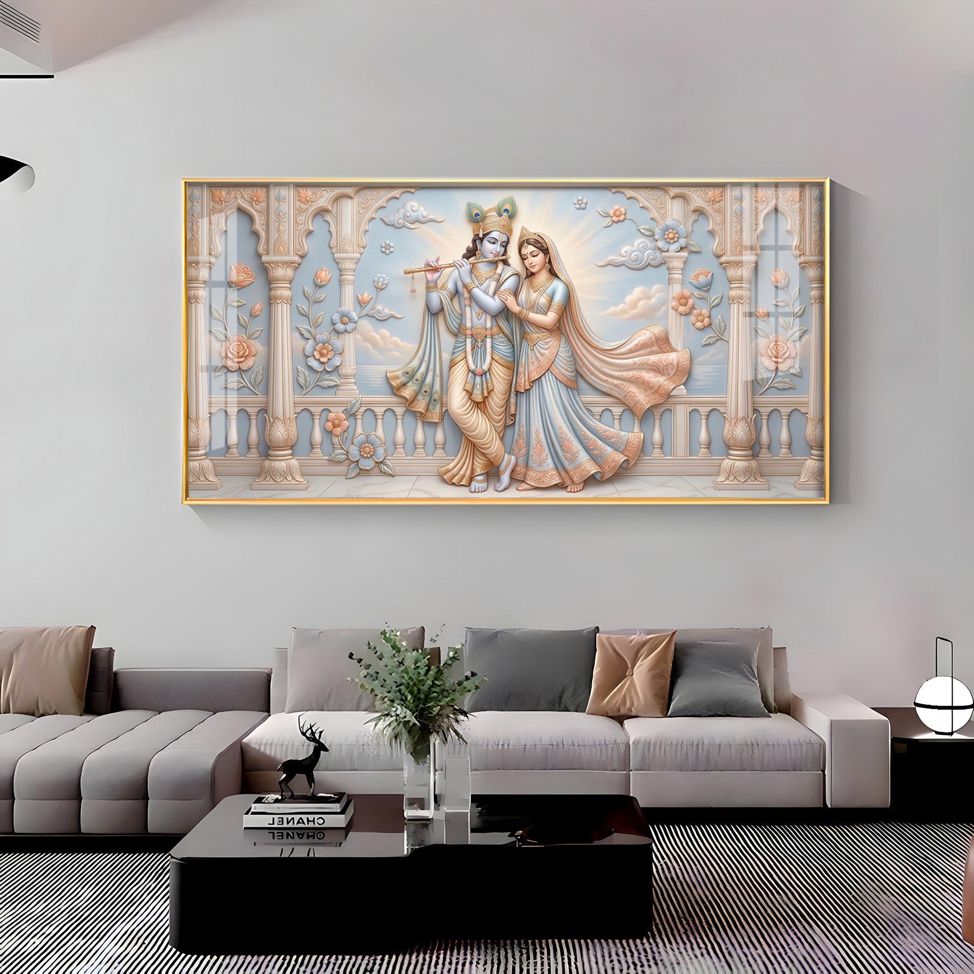 Krishna Playing The Flute Beside Radha Premium Acrylic Horizontal Wall Art