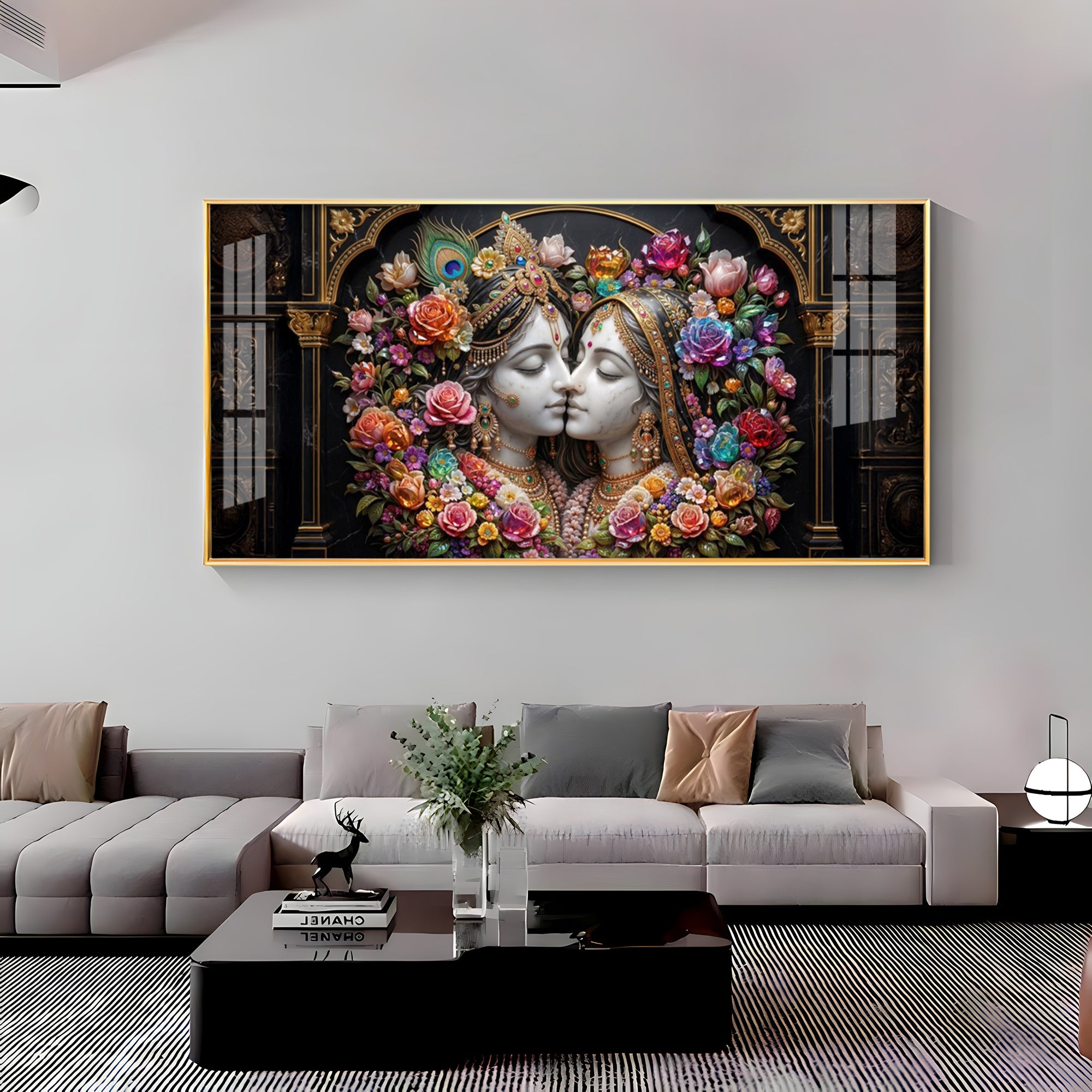 Love Radha Krishna With Multicolored Flower Premium Acrylic Horizontal Wall Art