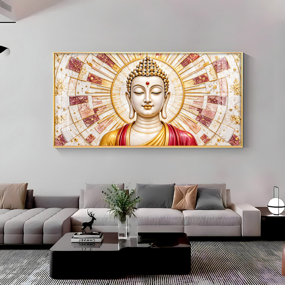 Golden Sunburst Buddha Premium Acrylic Horizontal Wall Art