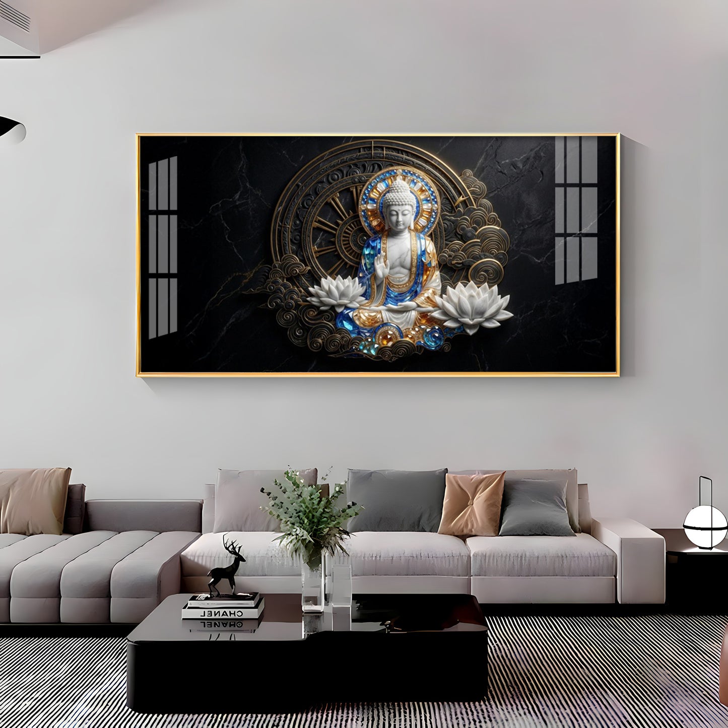 White & Gold Buddha With Flowers Premium Acrylic Horizontal Wall Art
