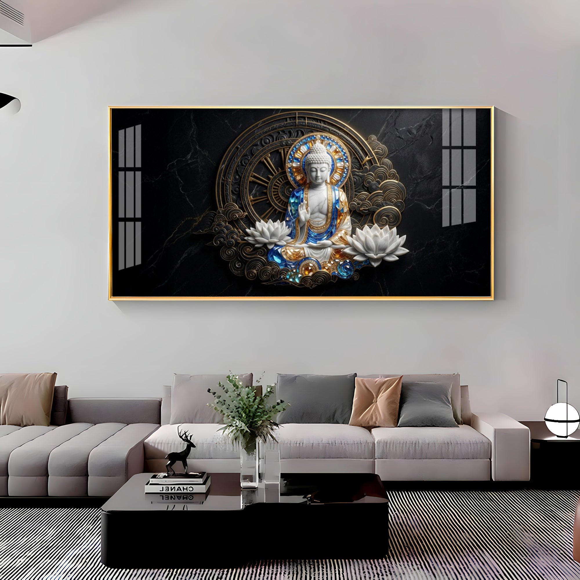 White & Gold Buddha With Flowers Premium Acrylic Horizontal Wall Art