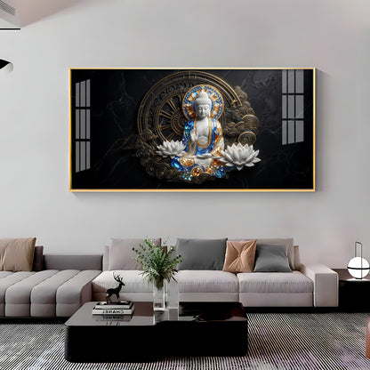 White & Gold Buddha With Flowers Premium Acrylic Horizontal Wall Art