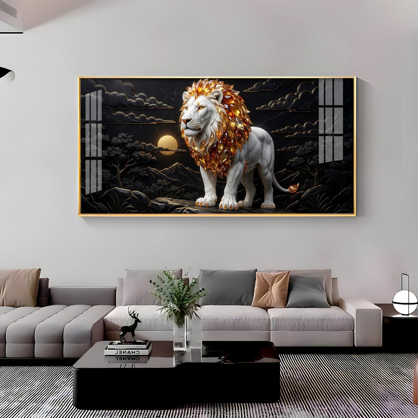 Majestic White & Gold Lion Premium Acrylic Horizontal Wall Art