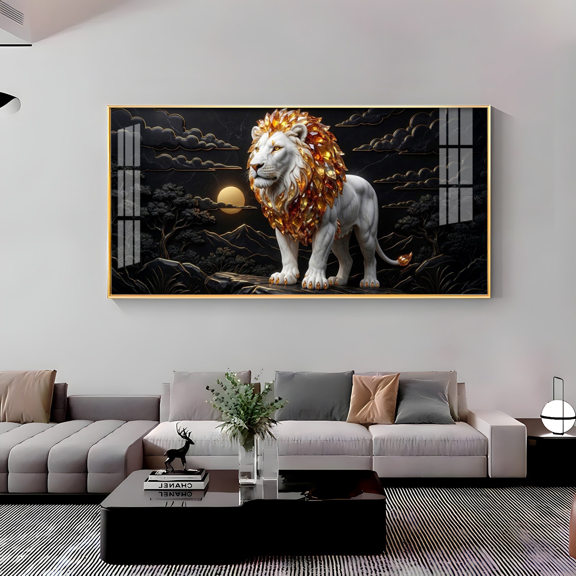 Majestic White & Gold Lion Premium Acrylic Horizontal Wall Art