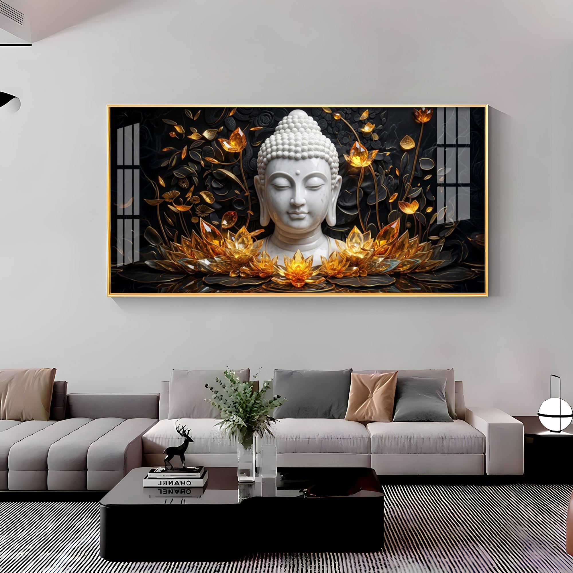 Gold Flower Meditating Buddha Premium Acrylic Horizontal Wall Art