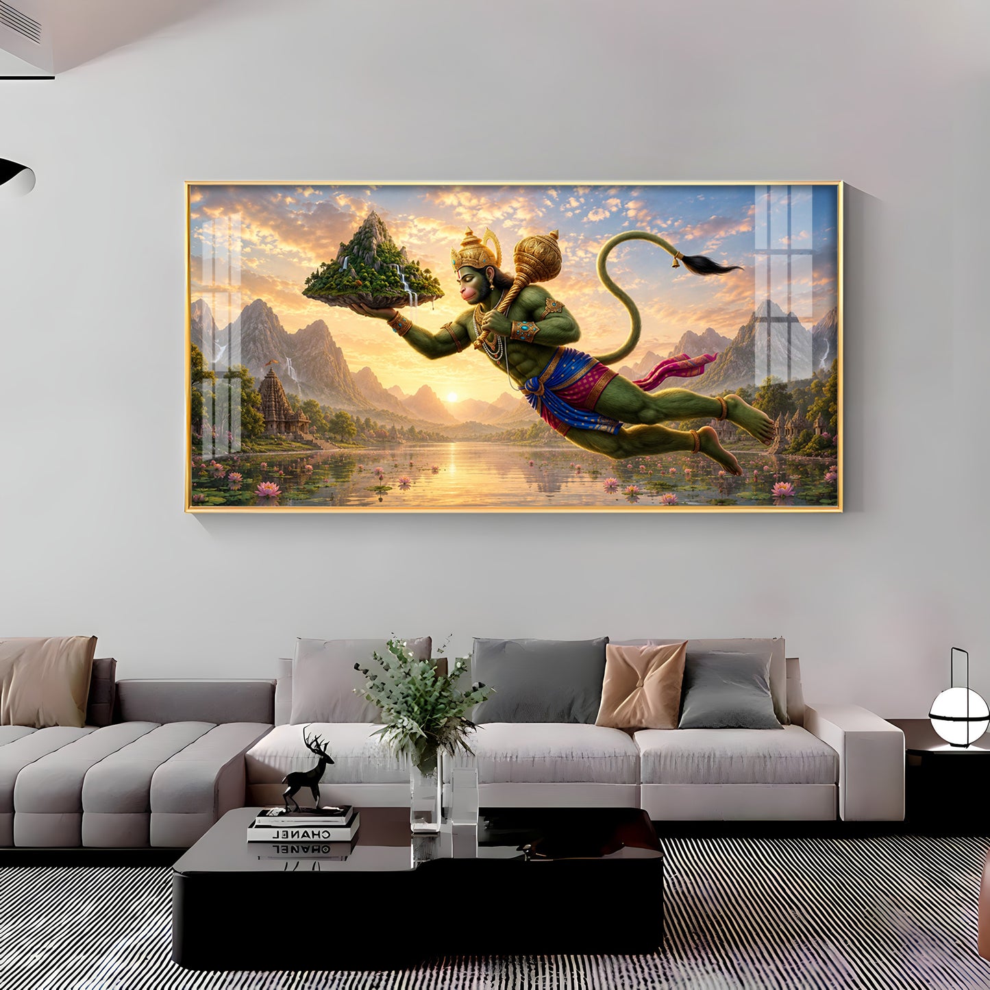 Lord Hanuman Carrying Sanjeevani Mountain Premium Acrylic Horizontal Wall Art
