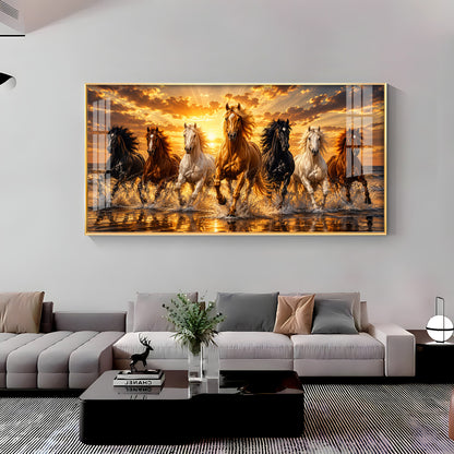 Majestic Seven Horses Golden Hour Premium Acrylic Horizontal Wall Art