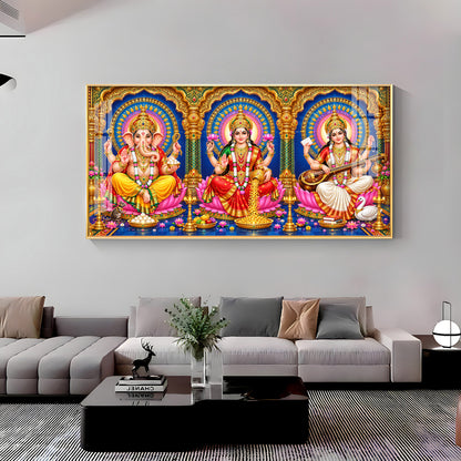 Divine Lord Ganesha, Goddess Saraswati & Goddess Lakshmi Premium Acrylic Horizontal Wall Art