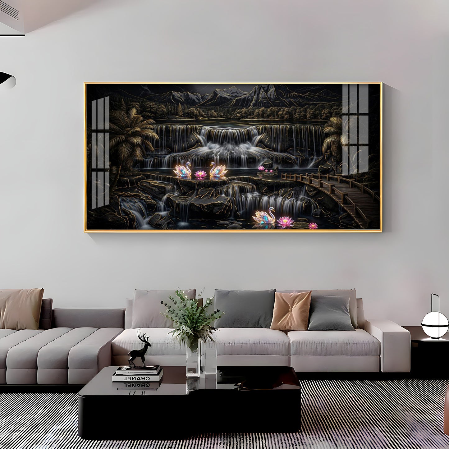 Multi-Tiered Waterfalls Swan Lake Premium Acrylic Horizontal Wall Art