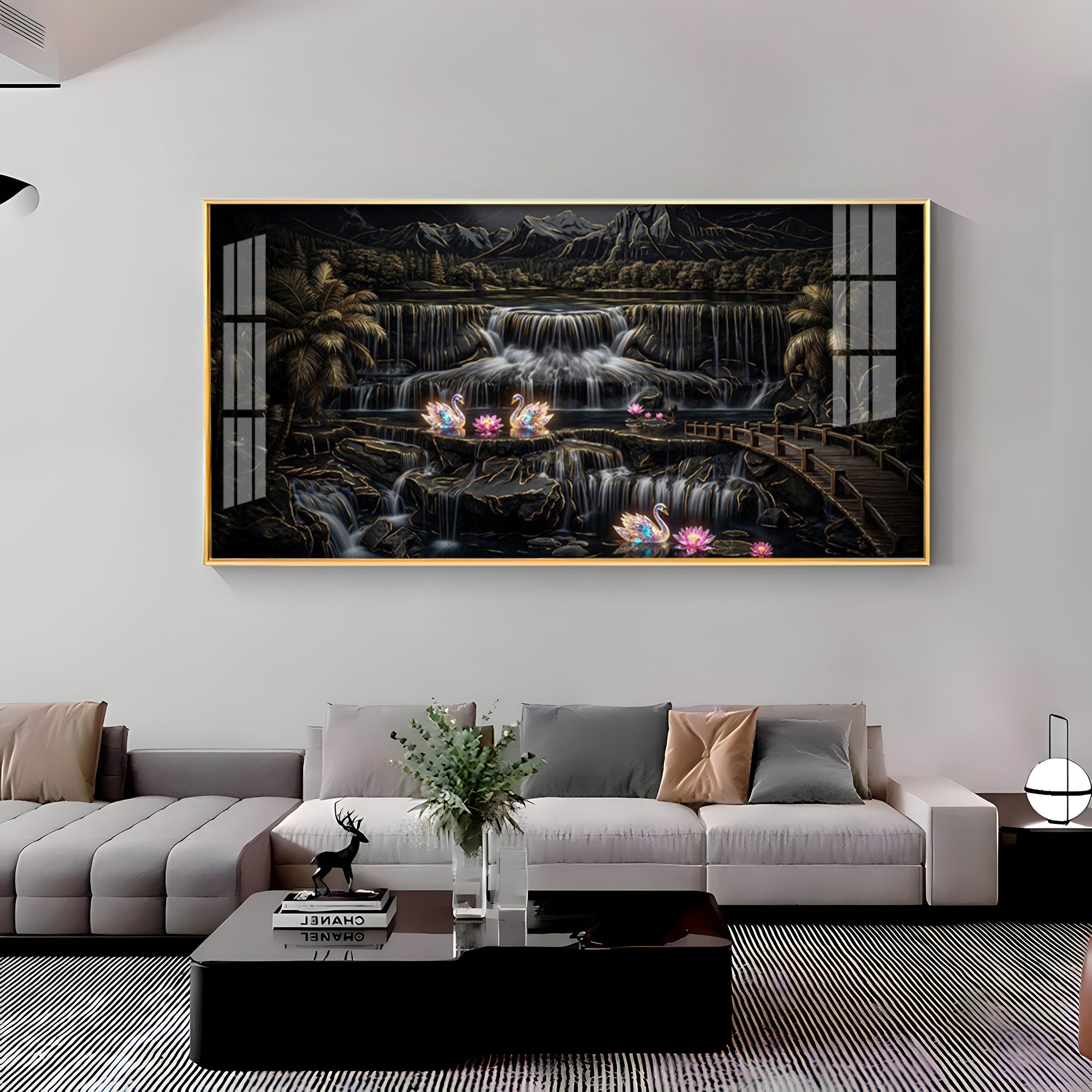 Multi-Tiered Waterfalls Swan Lake Premium Acrylic Horizontal Wall Art