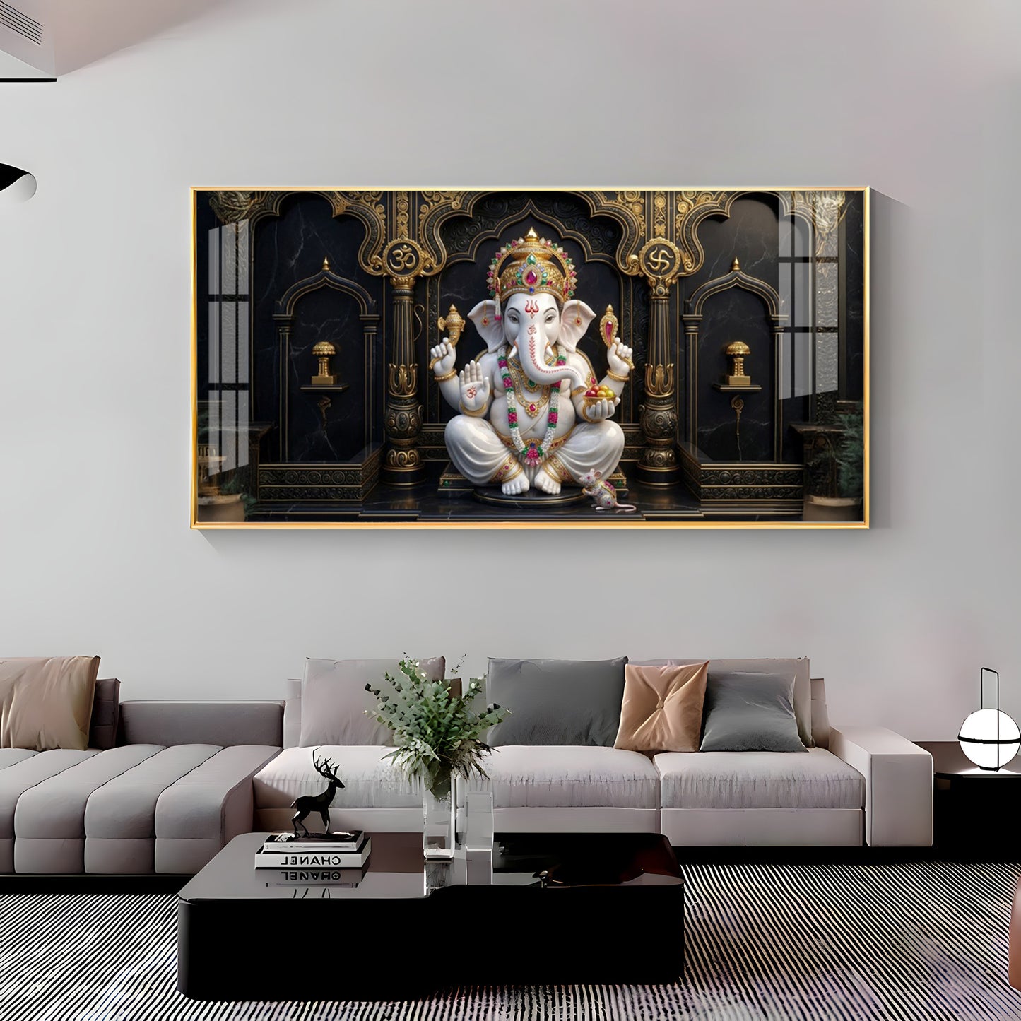 White & Gold Lord Ganesha Premium Acrylic Horizontal Wall Art