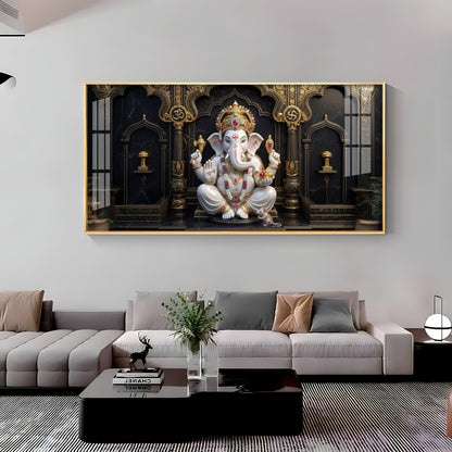 White & Gold Lord Ganesha Premium Acrylic Horizontal Wall Art