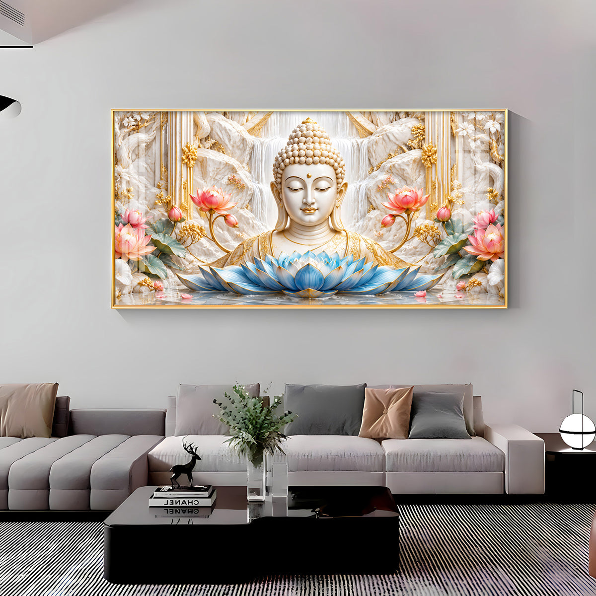 Buddha With Blue Lotus Premium Acrylic Horizontal Wall Art