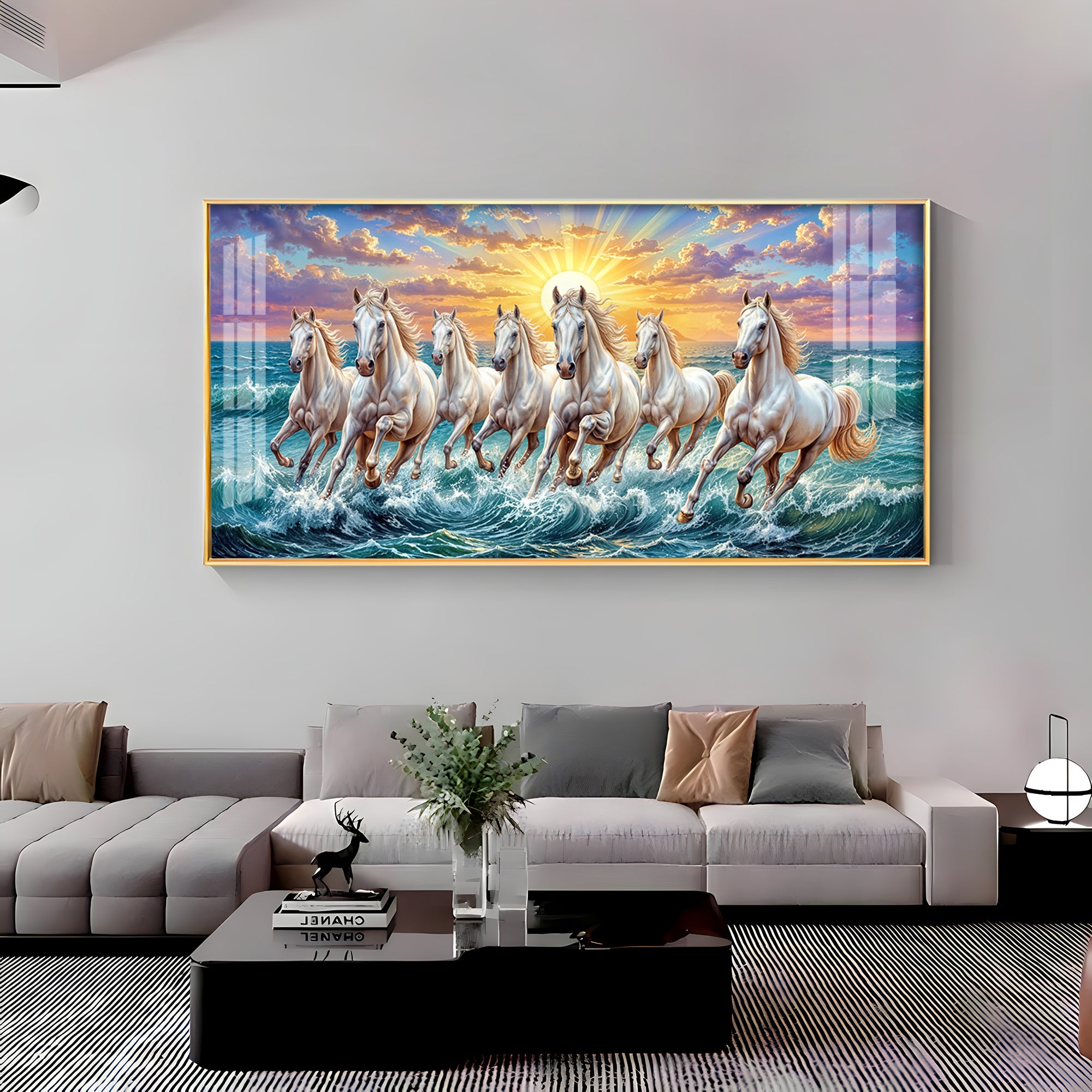 7 Running Horses Galloping Across Water Premium Acrylic Horizontal Wall Art