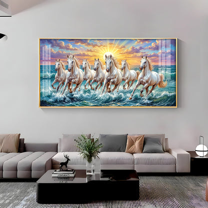 7 Running Horses Galloping Across Water Premium Acrylic Horizontal Wall Art