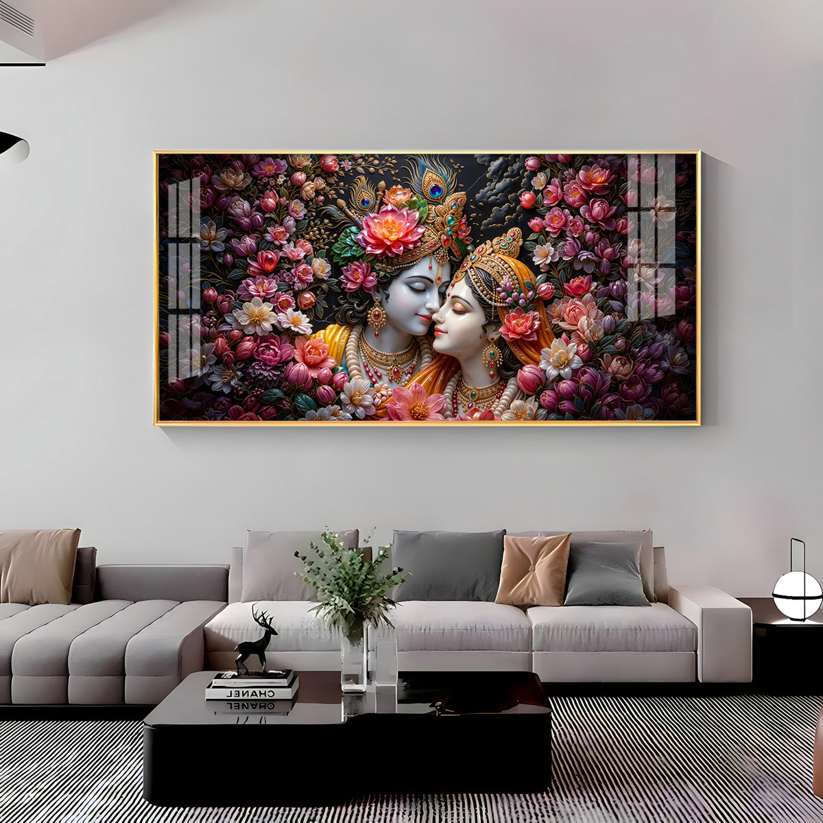 Floral Radha Krishna With Beautiful Background Premium Acrylic Horizontal Wall Art