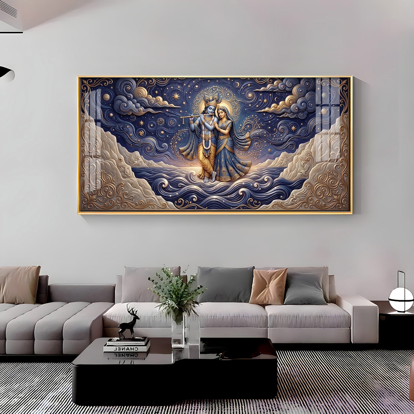 Radha Krishna Depicted In A Celestial Blue Premium Acrylic Horizontal Wall Art